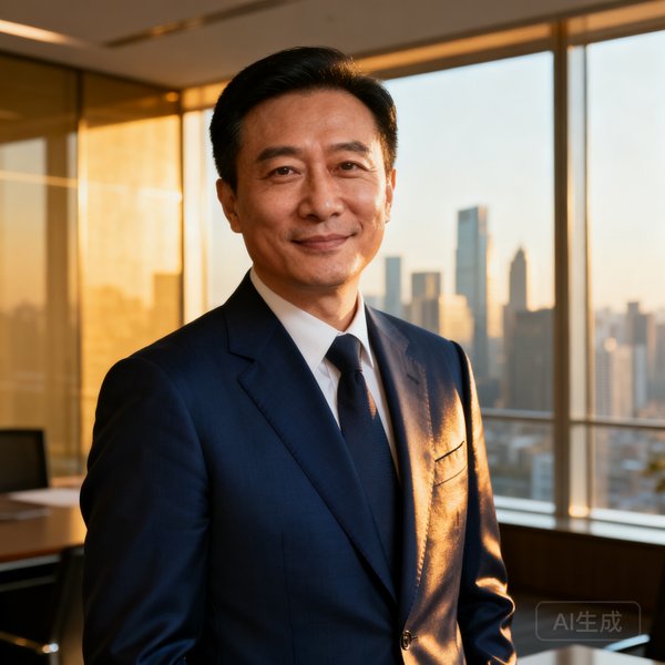 一位四十岁左右的中国男性企业高管，穿着深蓝色定制西装，神态自信从容，背景为现代办公室落地窗前，展现出成熟商务人士的气质。