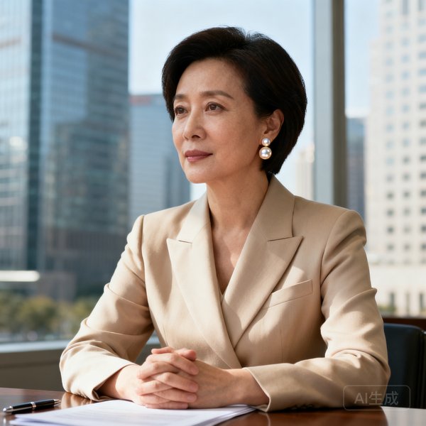 一位三十五岁左右的职场女性，短发干练，佩戴珍珠耳环，身着米色职业套装，双手交叉放在桌前，背景为金融街写字楼，散发出专业优雅的气质。