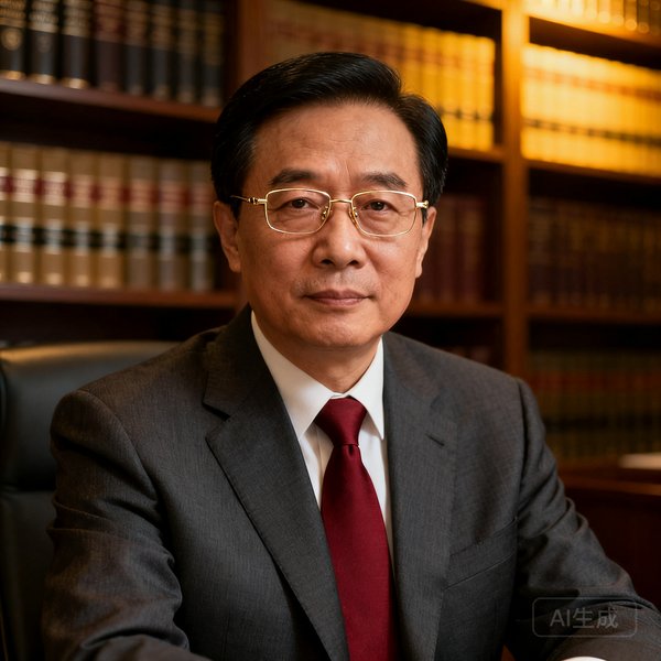 一位五十岁左右的中国男性律师，穿着深灰色西装搭配暗红色领带，戴金丝边眼镜，坐在律师事务所的书架前，神情沉稳可靠，展现出资深专业人士的风范。